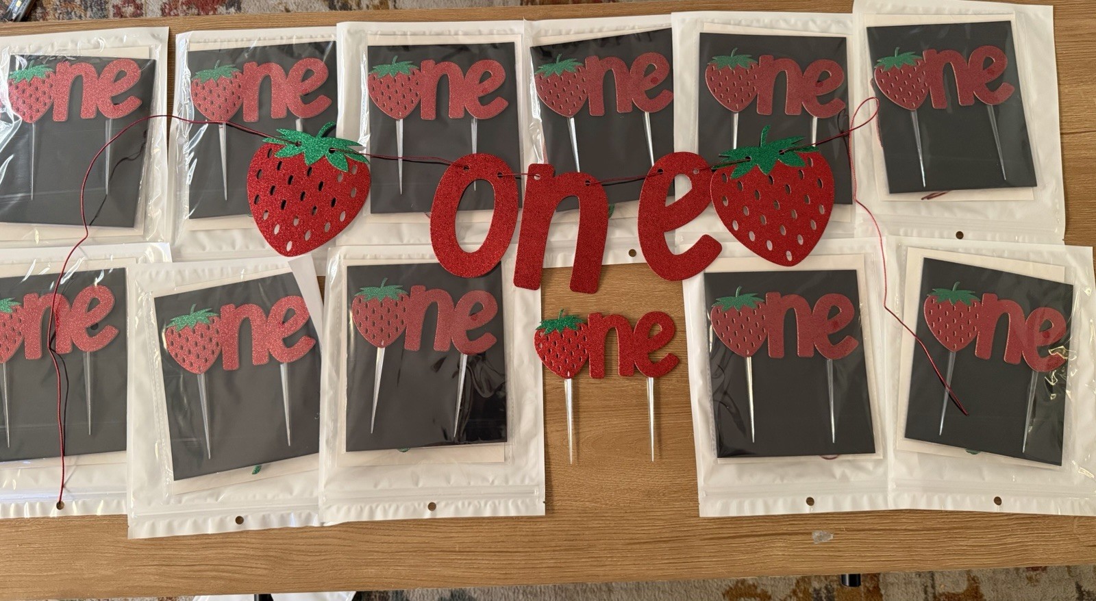 300 Piece Strawberry One 1st Birthday cupcake toppers