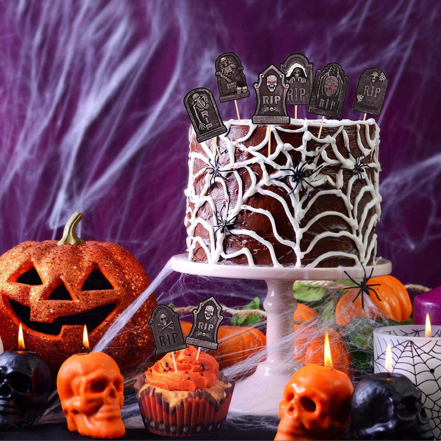 40 Pcs Halloween Cupcake Toppers, Tombstone Graveyard Cake Toppers Scary Cupcake