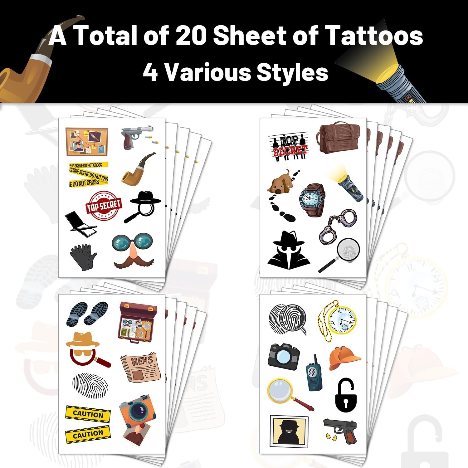 20 Sheets Secret Agent Spy Detective Temporary Tattoos, Mystery Detective Clu…