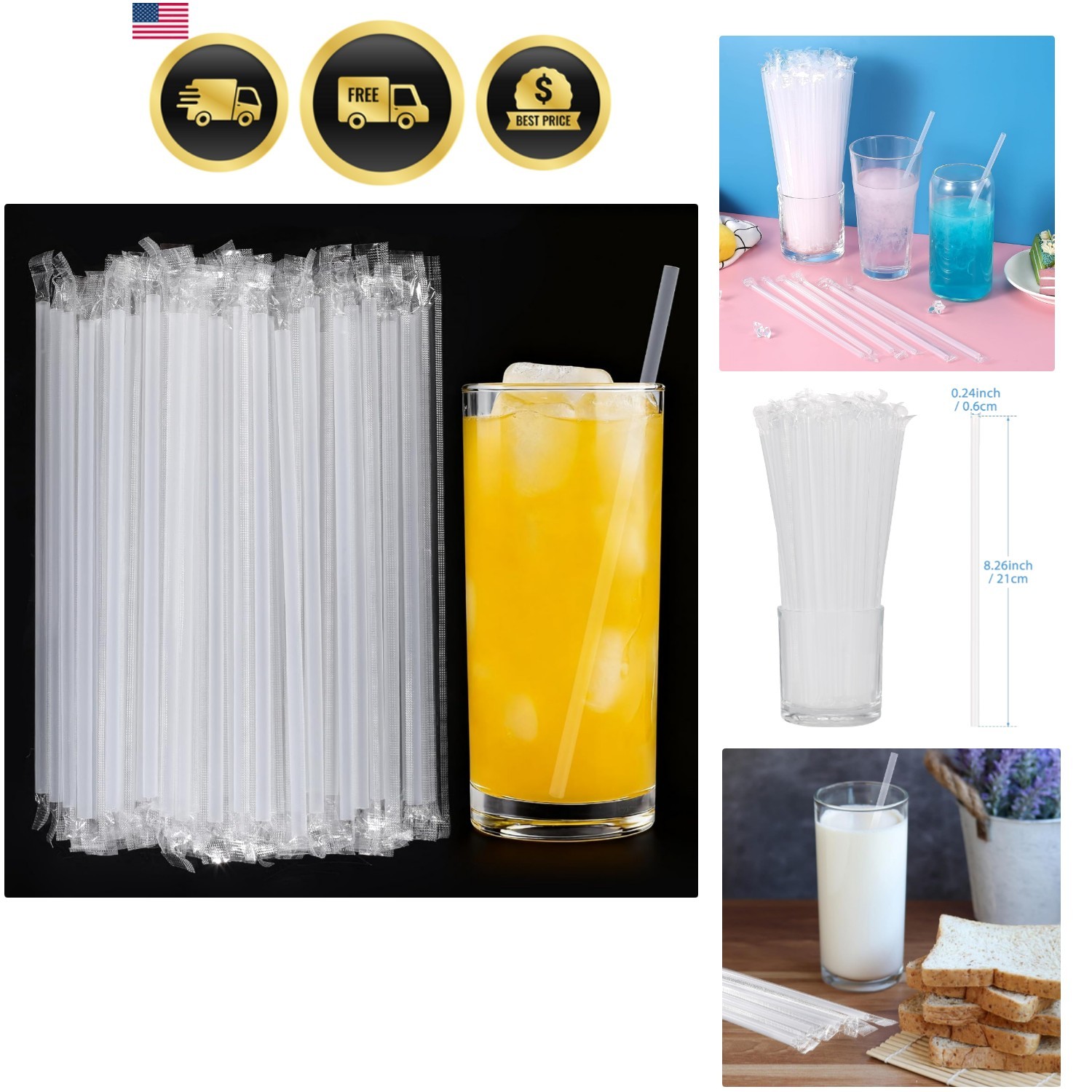 Individually Wrapped] 100Pcs Disposable Plastic Straws – 8.26 Inches Long 0.2…