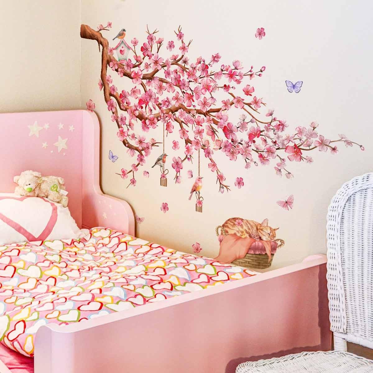 Siraveil Art Cherry Blossom Tree Wall Decals Birds Butterflies Pink Floral