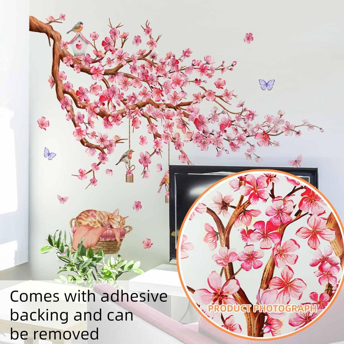 Siraveil Art Cherry Blossom Tree Wall Decals Birds Butterflies Pink Floral