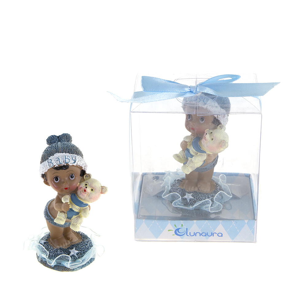 Mega Favors – Ethnic Baby Boy Holding Teddy Bear Poly Resin – Blue, 12PCS