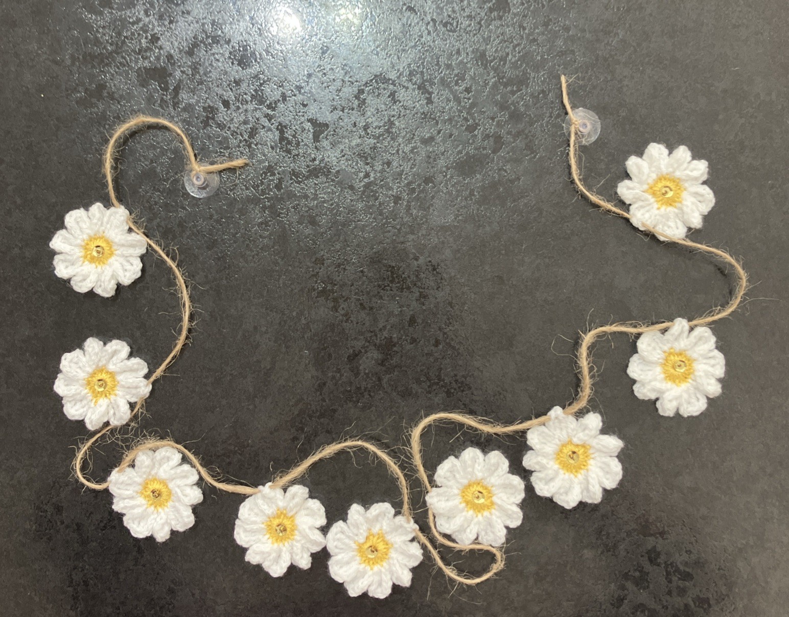 🌼 NEW Hand Crochet daisy Jute Rustic Bunting sequin camper Gift
