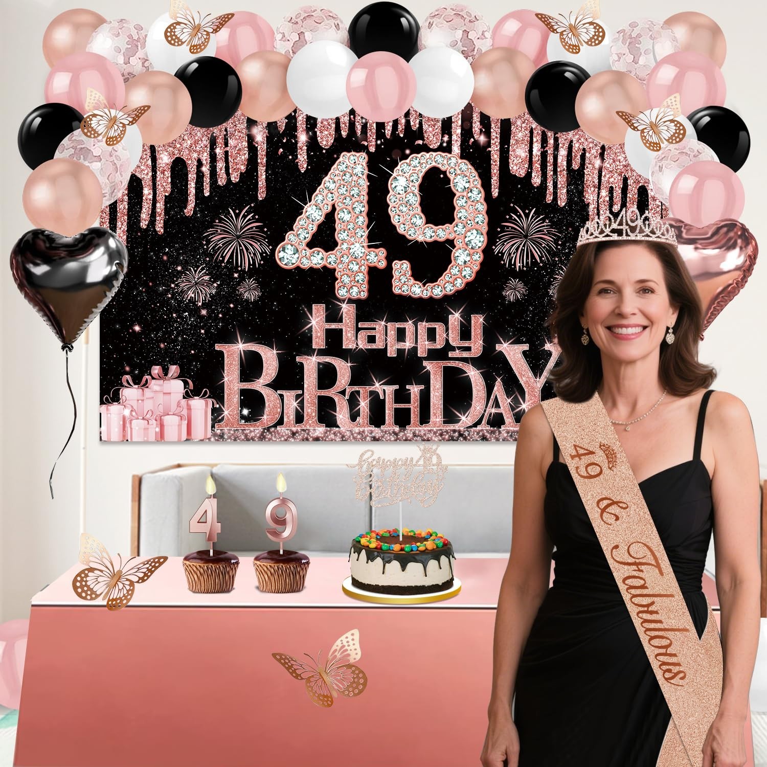 49th Birthday Decorations Set – 49pcs Black & Rose Gold Banner, Sash, Cake Toppe