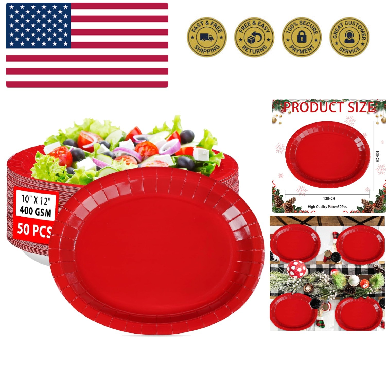 50 Pcs Red Oval Paper Plates 10″x12″ Large Red Valentine’s Day Plates Disposa…