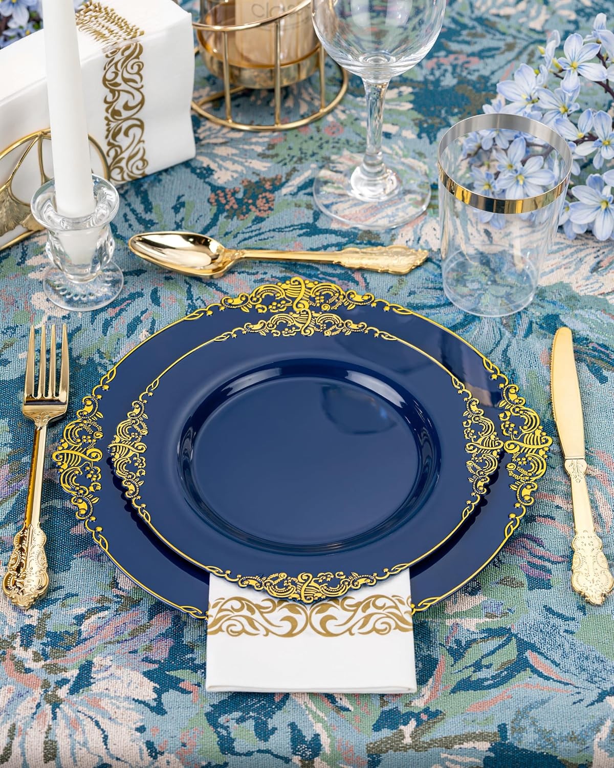175PCS Blue Plastic Plates – Blue Gold Plastic Dinnerware Set Disposable Include