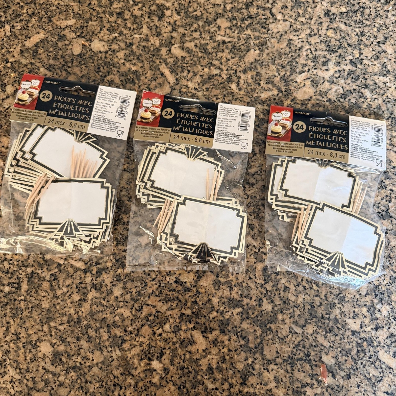 Amscan Foil Label Picks Set Of 3 Packs 72 Gold Art Deco Food Flags 3.5 In Party