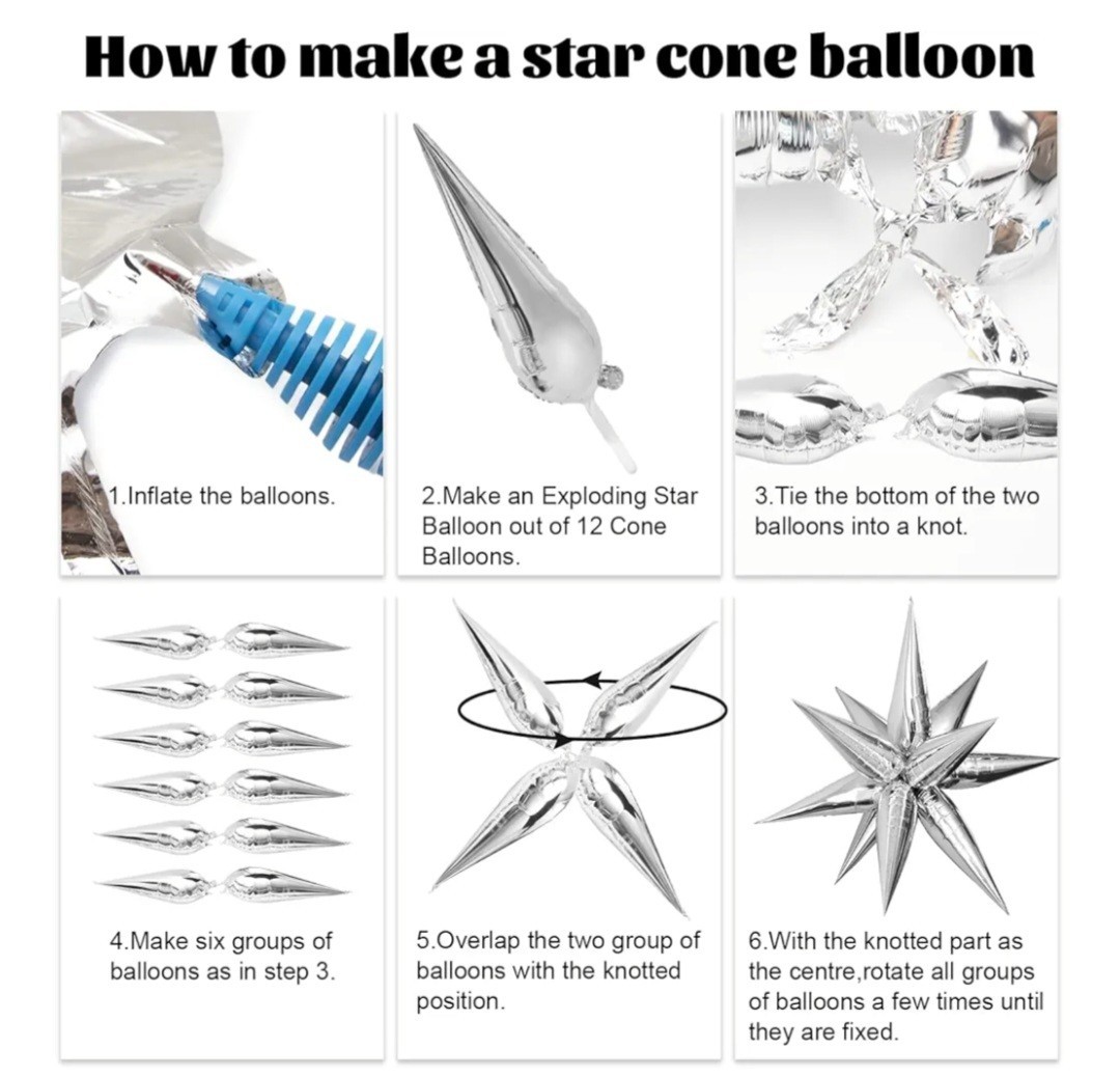 50 Pc 40″ Silver Star Explosion Metallic Mylar 12 Point Foil Cone Spike Balloons