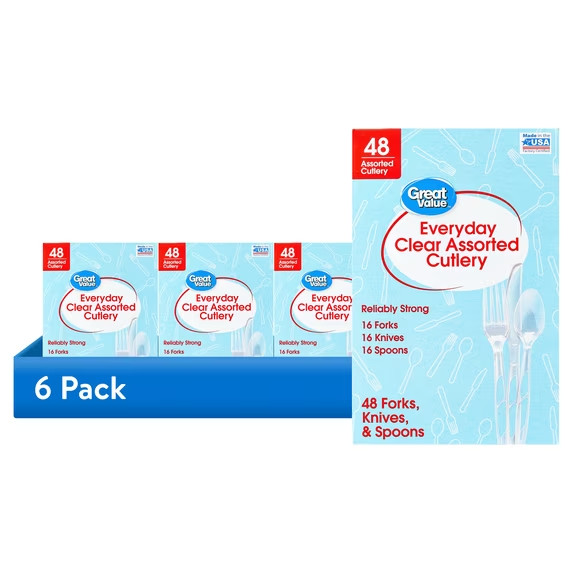(6 pack) Great Value Plastic Everyday Clear Assorted Cutlery, 48 Count includes