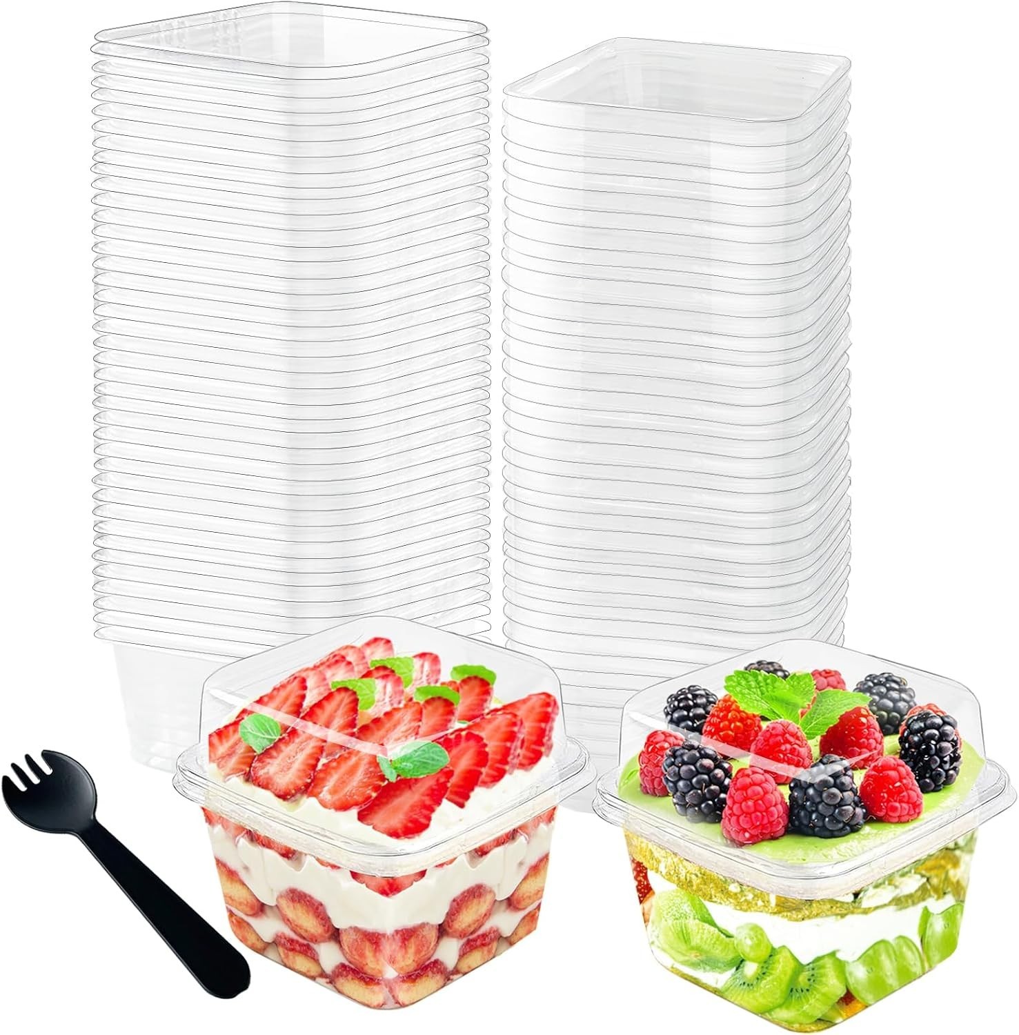 100Pcs 8oz Plastic Dessert Cups with Lids & Spoons Disposable Parfait Cup Square