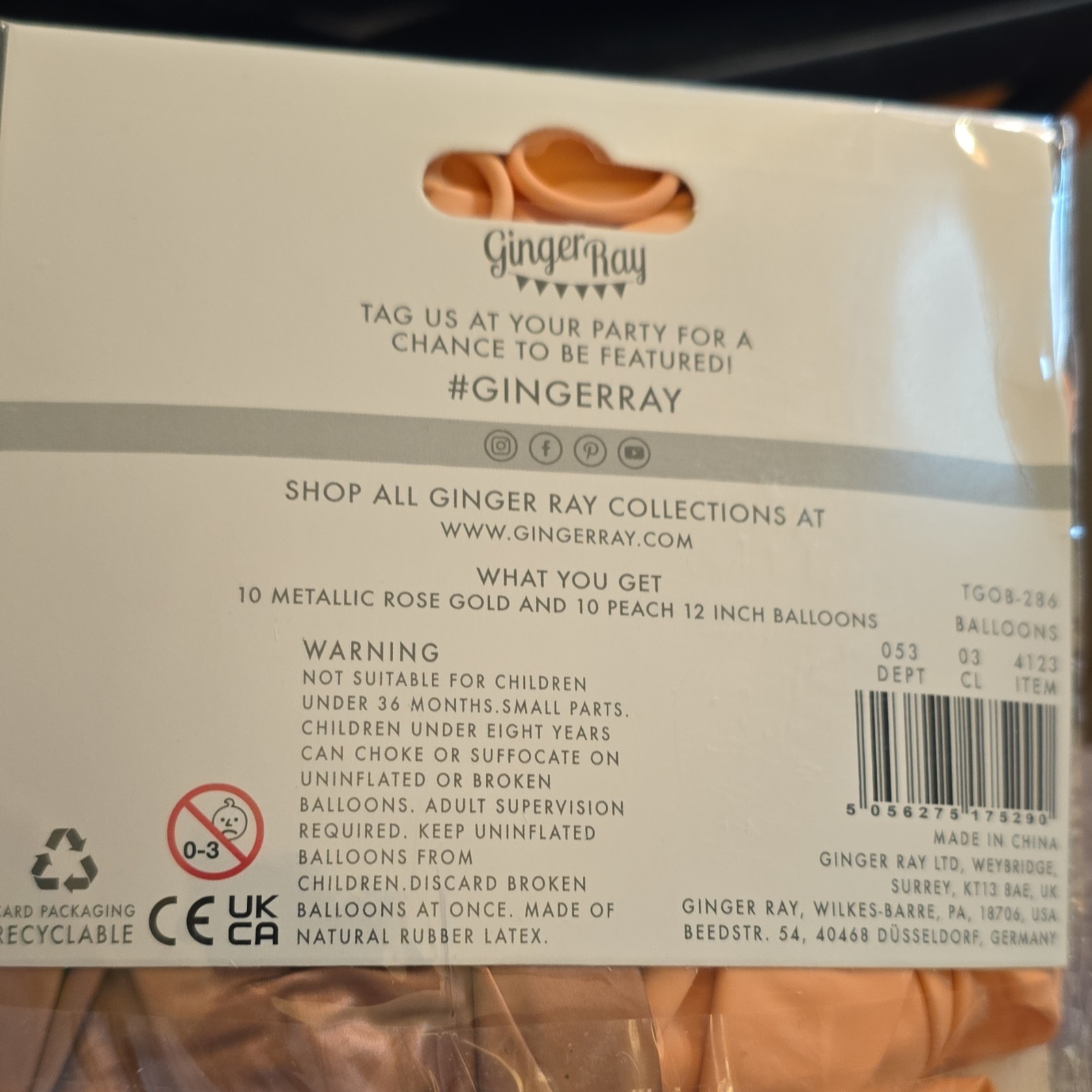Ginger Ray 20 Metallic Rose Gold Peach Round Party Balloons Solid Plain