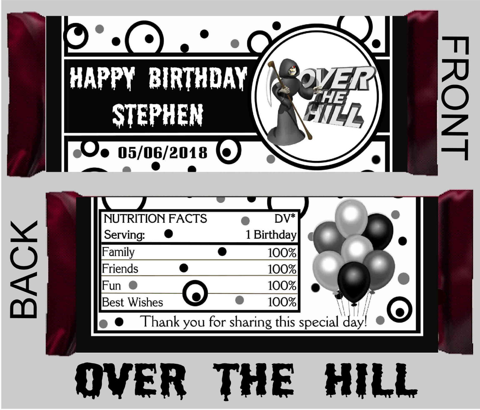 12 ~ OVER THE HILL BIRTHDAY PARTY CANDY BAR WRAPPERS PARTY FAVORS