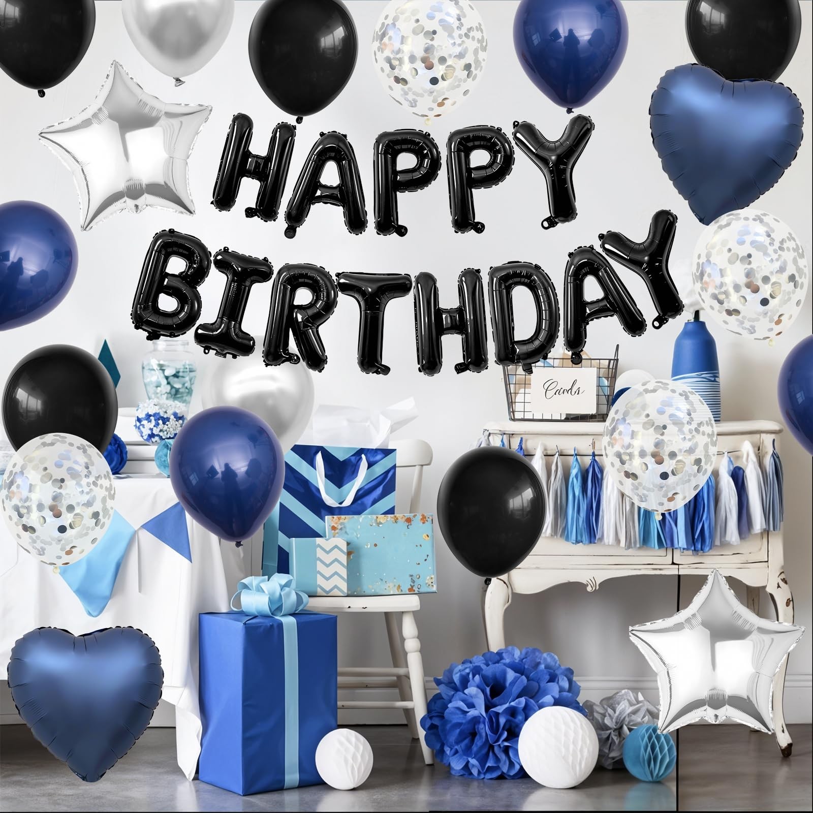 Navy Blue and Black Birthday Decorations for Men,Blue Black White Balloons Ha…