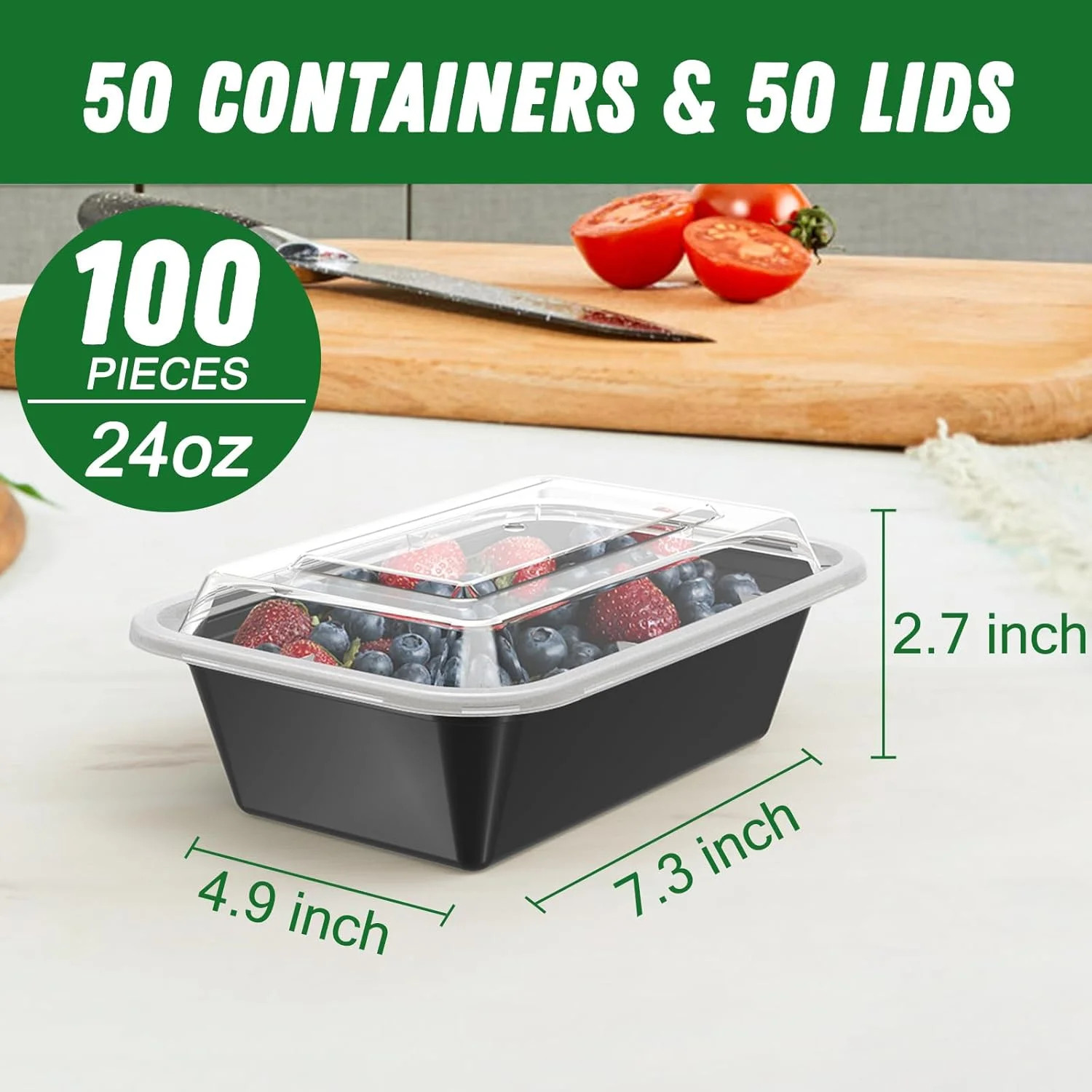 Dealusy 50 Pack (100-Piece) 24 oz Meal Prep Containers Reusable with Lids, Sturd