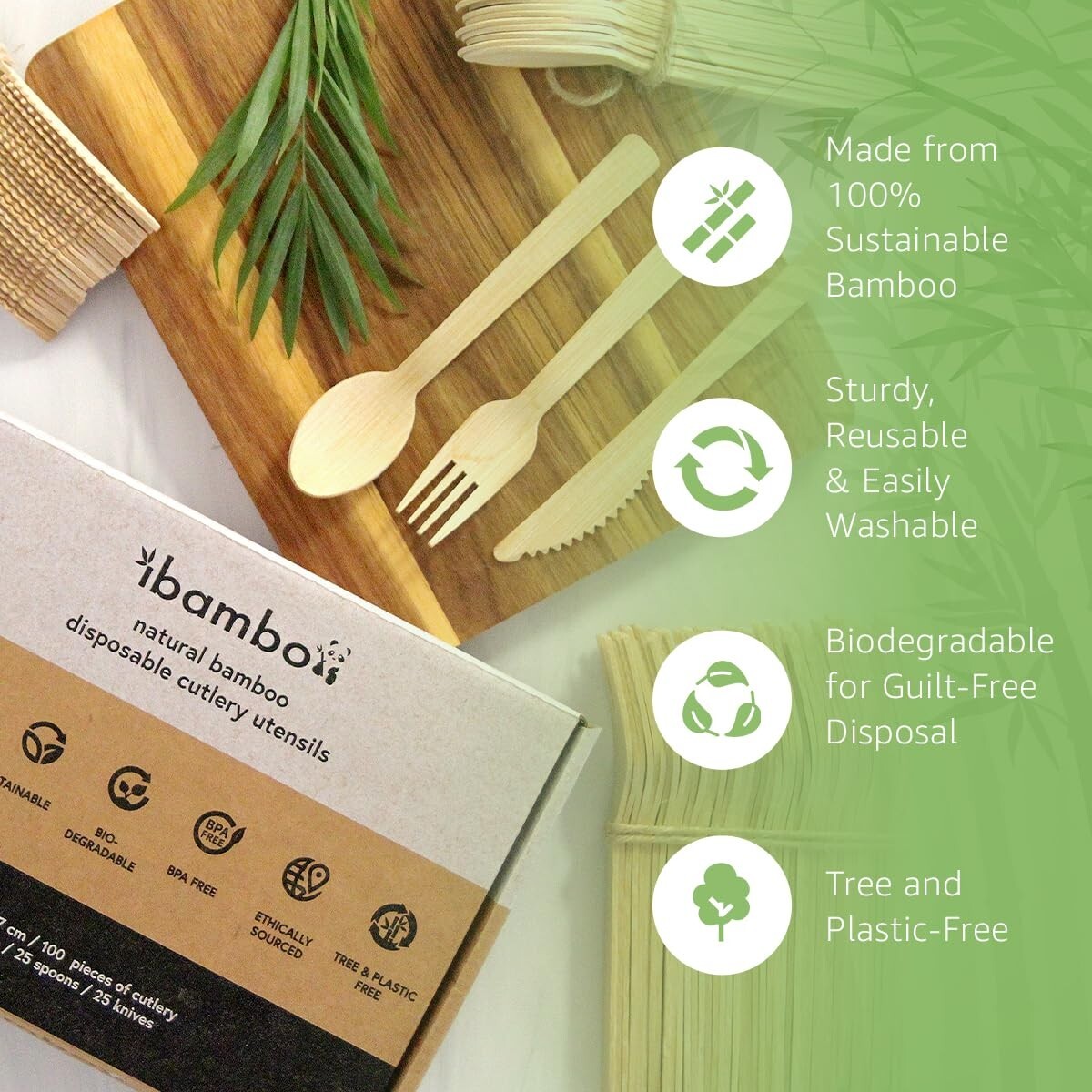 Ibambo Natural Bamboo Disposable Cutlery Set 50 Forks, 25 Spoons, & 25 Knives