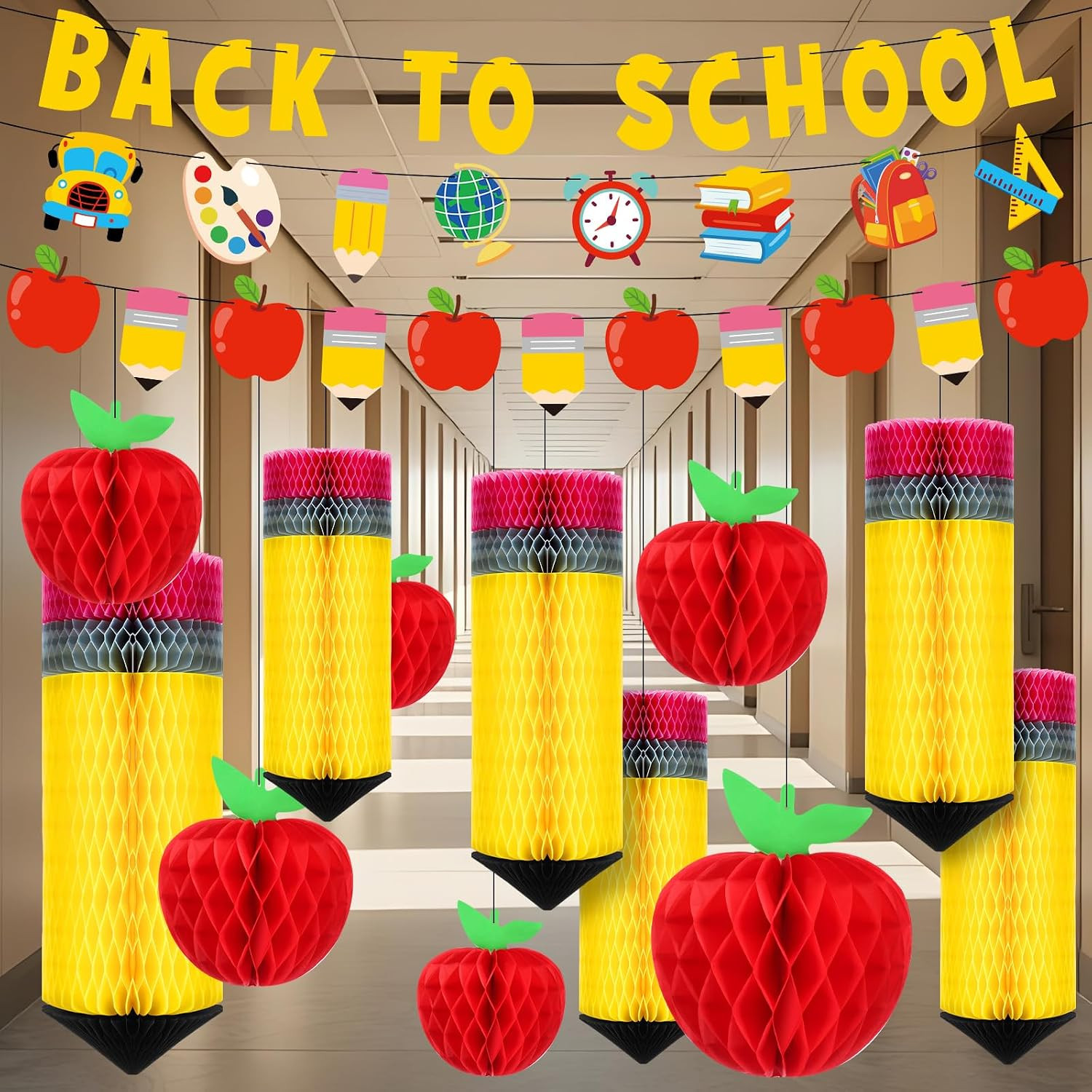 43 Pcs Back to School Decorations Pencil Apple Hanging Honeycomb Centerpiece Dec