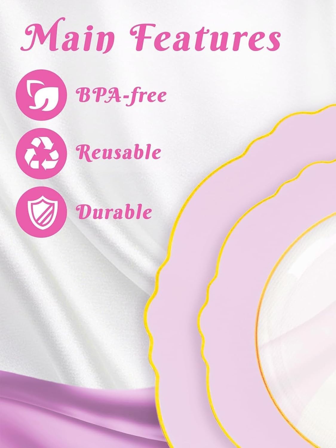 60Pcs Pink Plates Disposable with Gold Rim – Baroque Clear Pink and Gold Plas…
