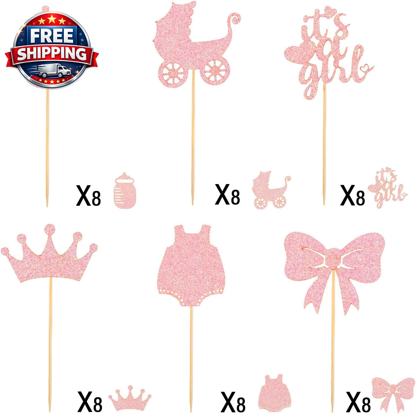 48 Pieces Baby Shower Cupcake Toppers for Girls Glitter Pink Baby Girl Food Pick