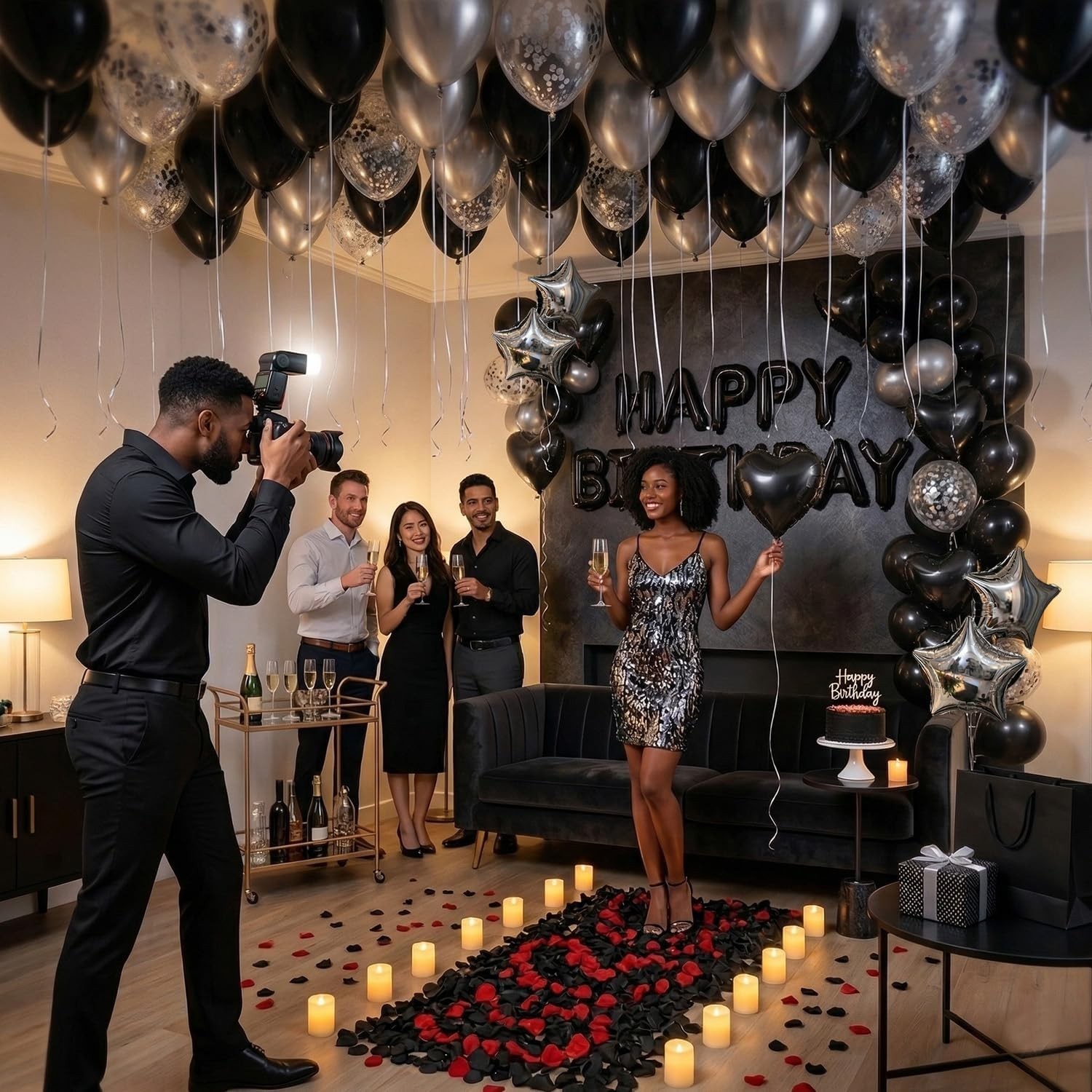 Candlelight Romantic Birthday Decorations: Black & Silver Theme for 73 PCS Setup