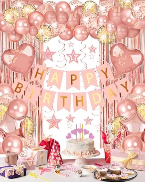 Happy Birthday Party Decorations, Happy Birthday Banner Foil Heart Rose Gold