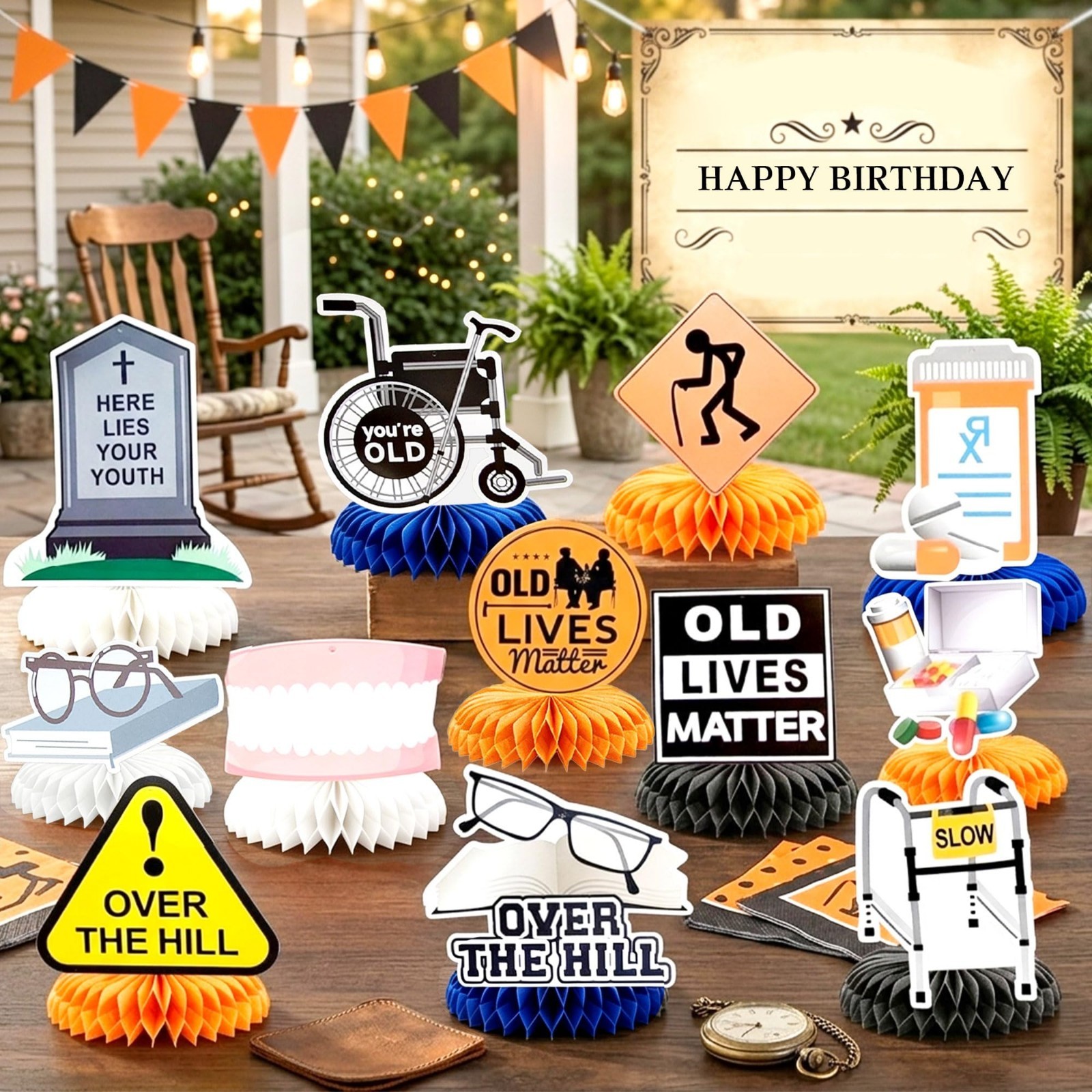 Over The Hill Birthday Decorations – 40th & 50th Honeycomb Centerpieces, Gag Gif