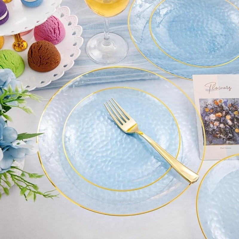 175 Pcs Plastic Dinnerware Set 25 Guests Blue Disposable Plates With Gold Rim