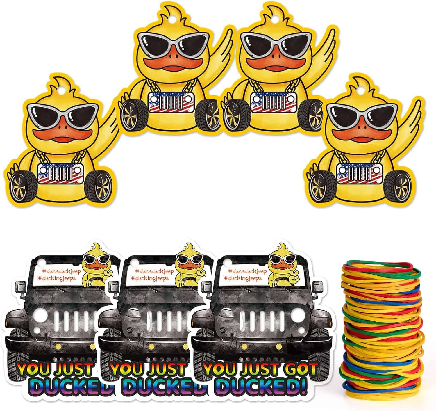 60 Ducked Jeep Tags – Game Cards with Holes and Rubber Bands for SUVs