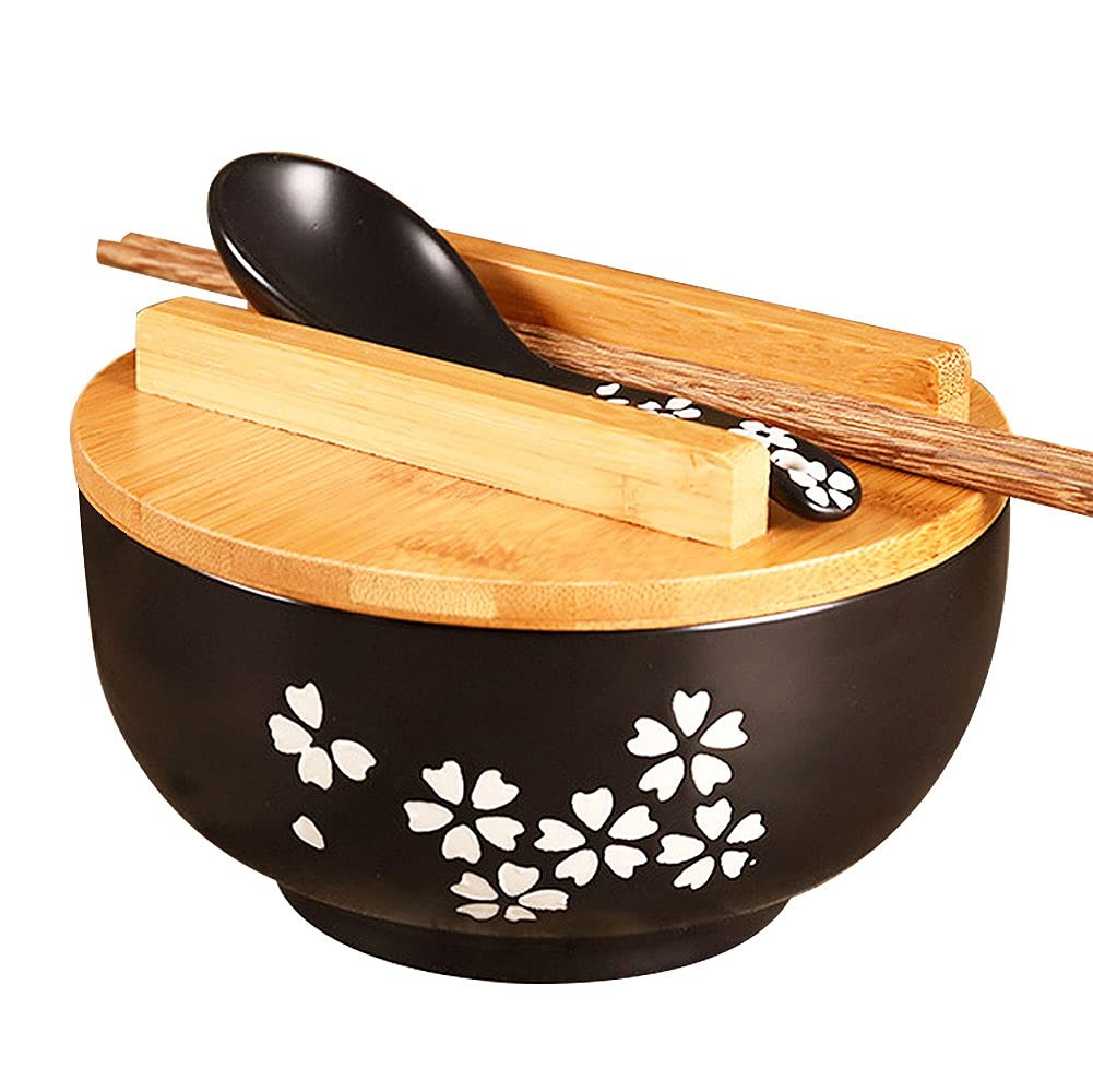 WHJY Black Ceramic Bowl with Lid, Spoon, Chopsticks for Soup, Rice, Noodles. Jap