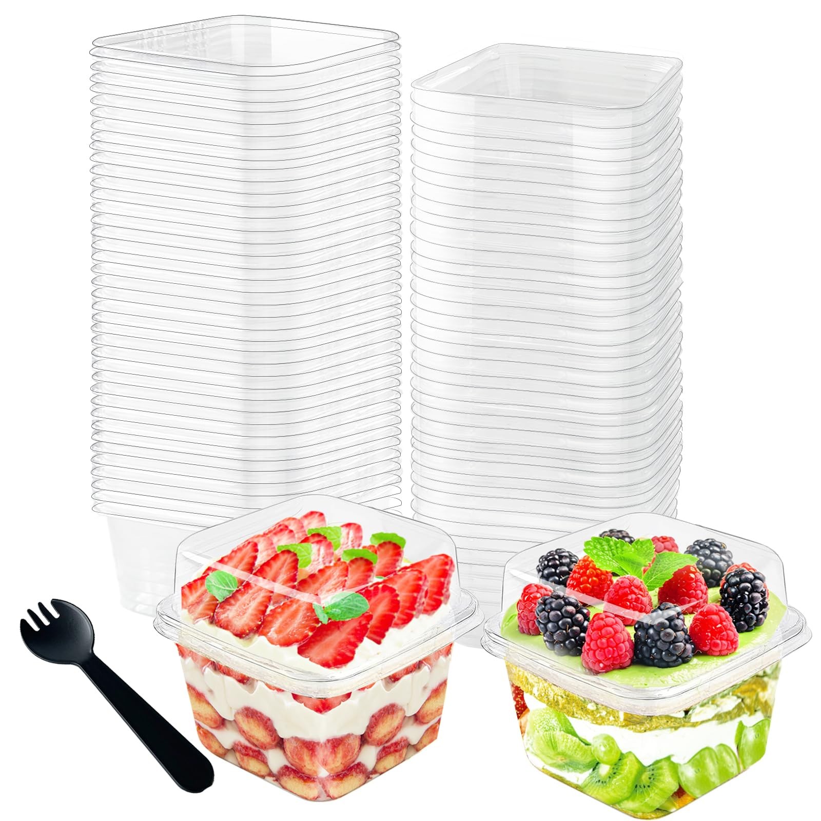 100Pcs 8oz Plastic Dessert Cups with Lids and Spoons,Disposable Parfait Cup Squa