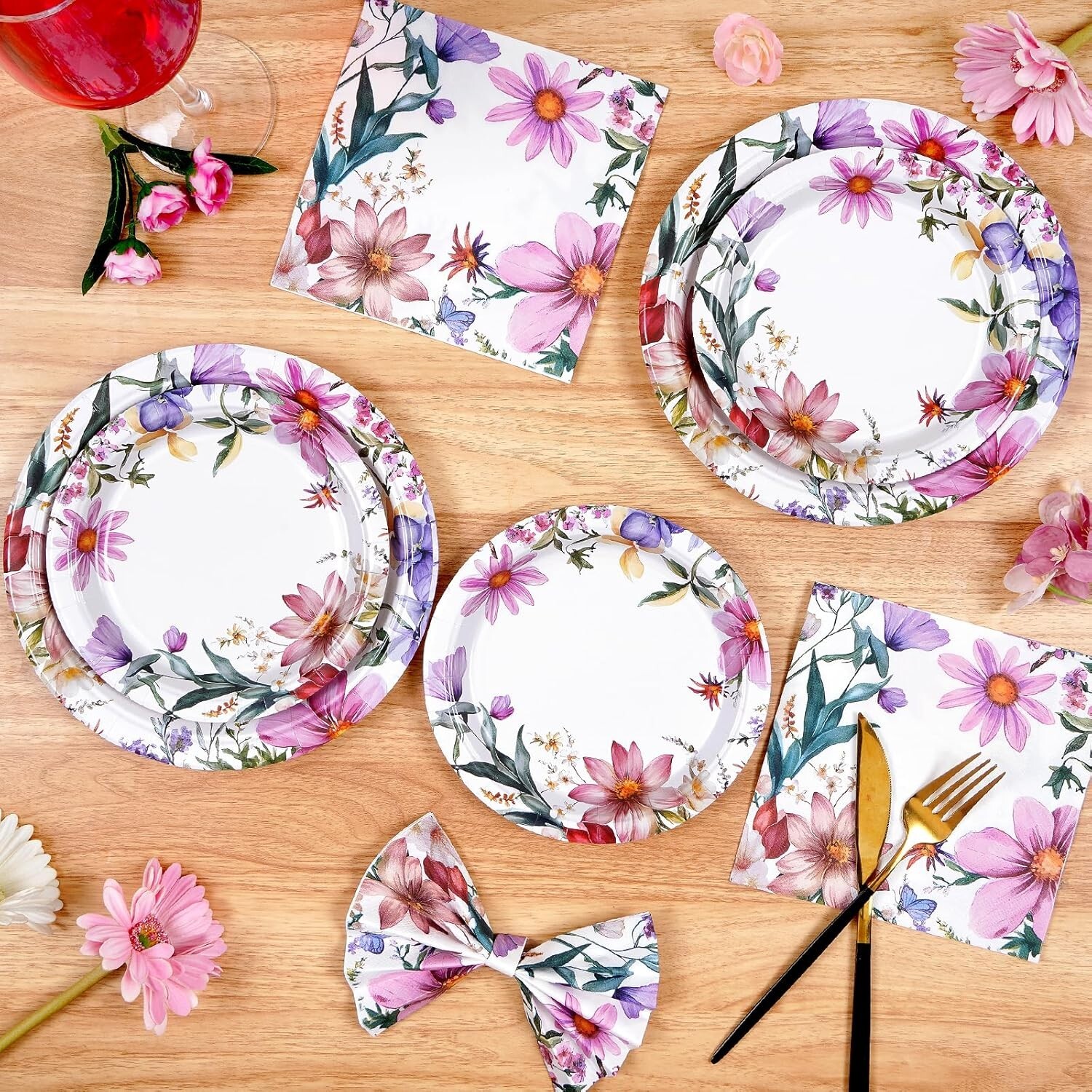 100 Piece Summer Floral Disposable Contemporary Multicolor Set (Plates, Napkins)