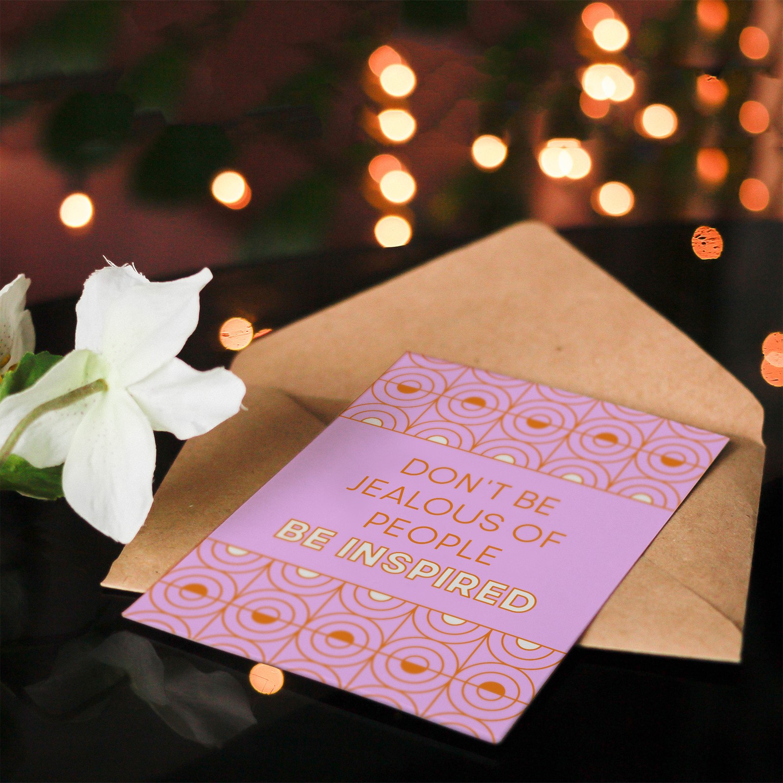 Don’t Be Jealous Be Inspired Pink Art Deco Design Greeting Card