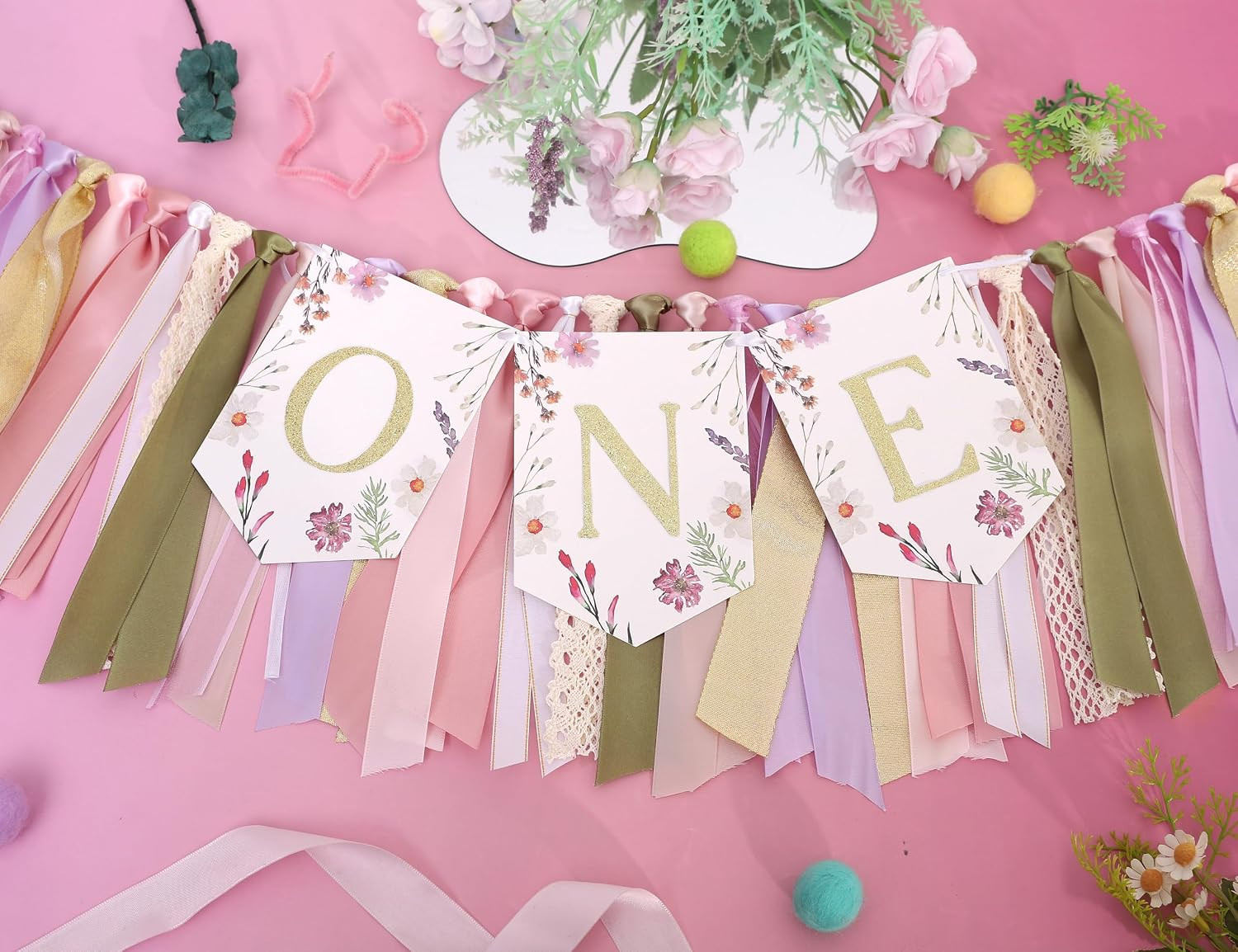 Floral Boho ONE High Chair Banner for Girls 1St Birthday – Pink Wild Flower Firs