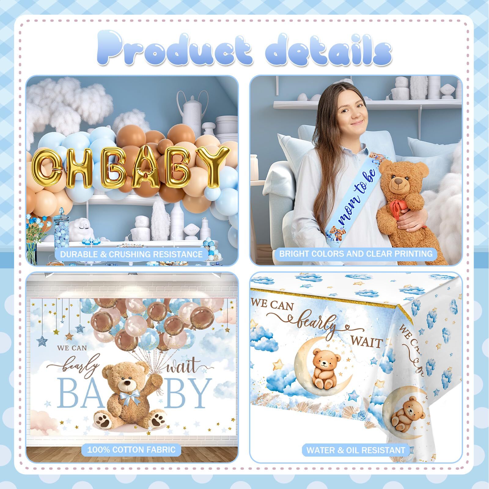 Teddy Bear Theme Blue And Brown Baby Shower Backdrop Balloon Decorations For Boy