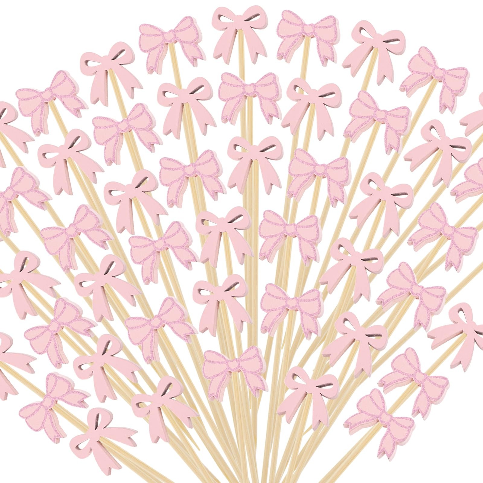 200Pcs Coquette Bow Cocktail Picks,4.7 Inch Pink Bow Toothpicks Bowknot Cocktail