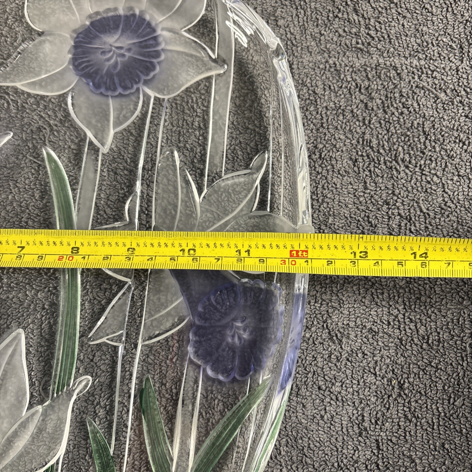 Large Mikasa ? Glass Art-Deco Charger Platter – Daffodil Blue / Clear 12″ x 12″