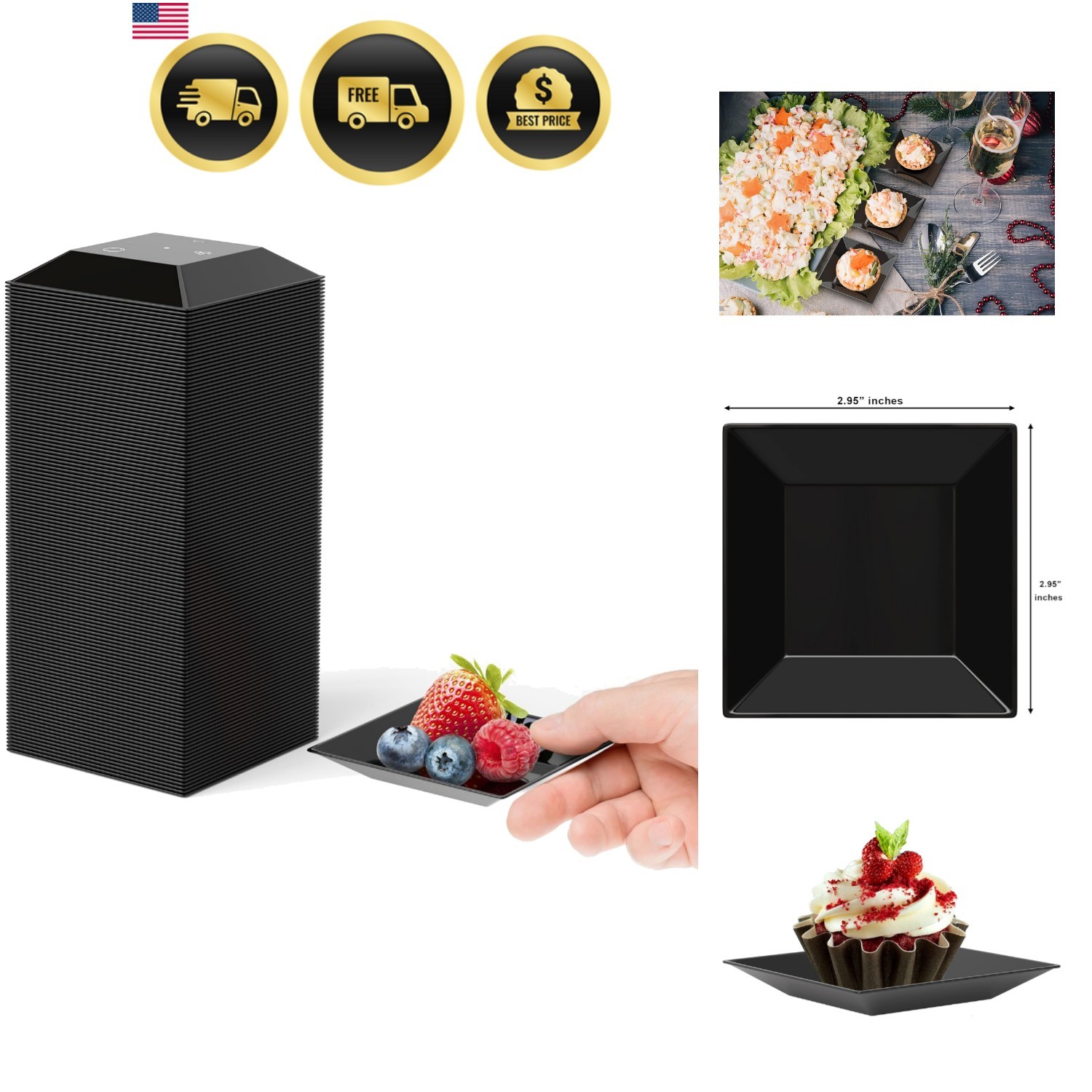 Mini Disposable Appetizer Plates – 200 Pack 2.95″ x 2.95″ Black Plastic Desse…