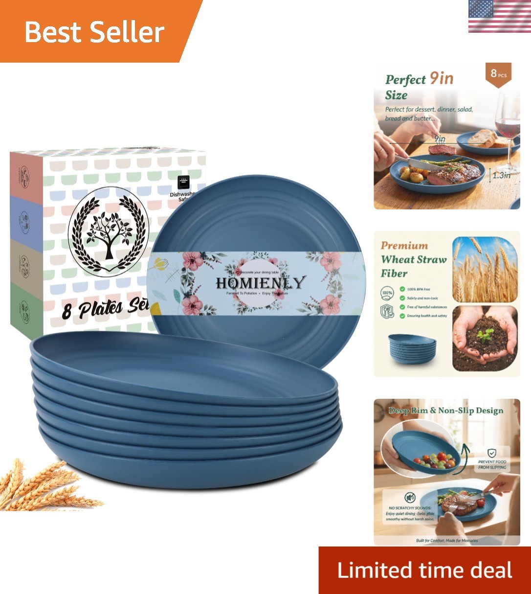Durable 9-Inch Wheat Straw Dinner Plates – 8 pcs, Dishwasher Safe & Reusable