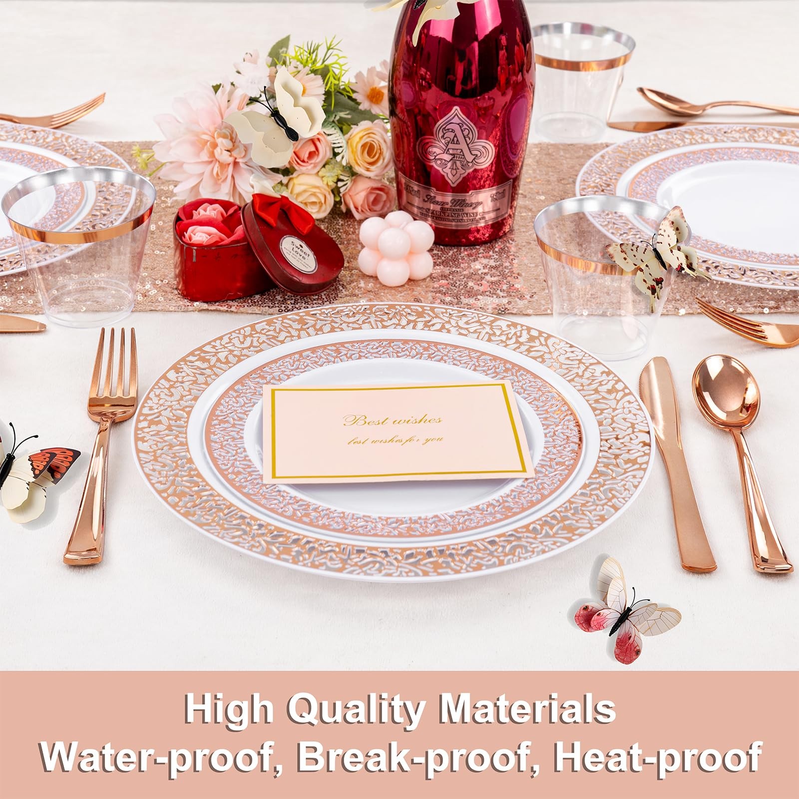 350 PCS Rose Gold Disposable Dinnerware Set for 50 Guests, Disposable Rose Go…