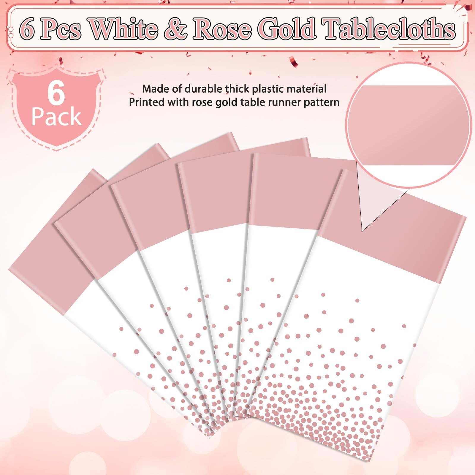 6Pcs White and Rose Gold Tablecloth Party Decorations,Plastic White Table Clo…
