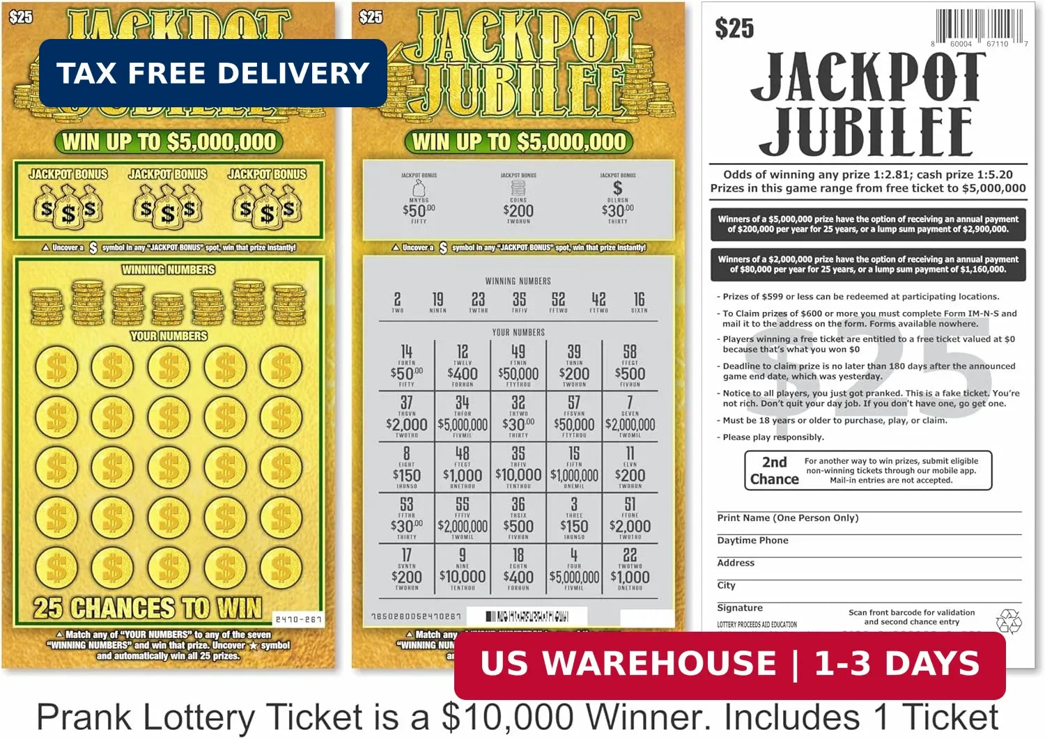 Larkmo Prank Gag Practical Joke Kit Bundle – Fake Lottery Tickets, Parking Viola