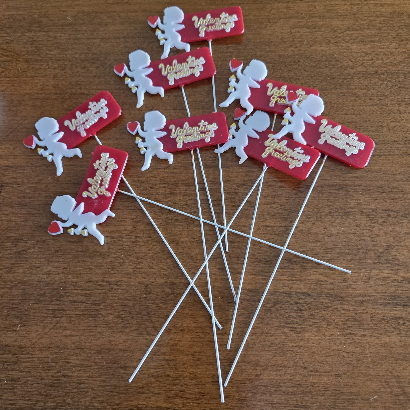 Vintage Lot of 8 Valentine’s Day Craft Decoration Floral Picks Plastic Cupid