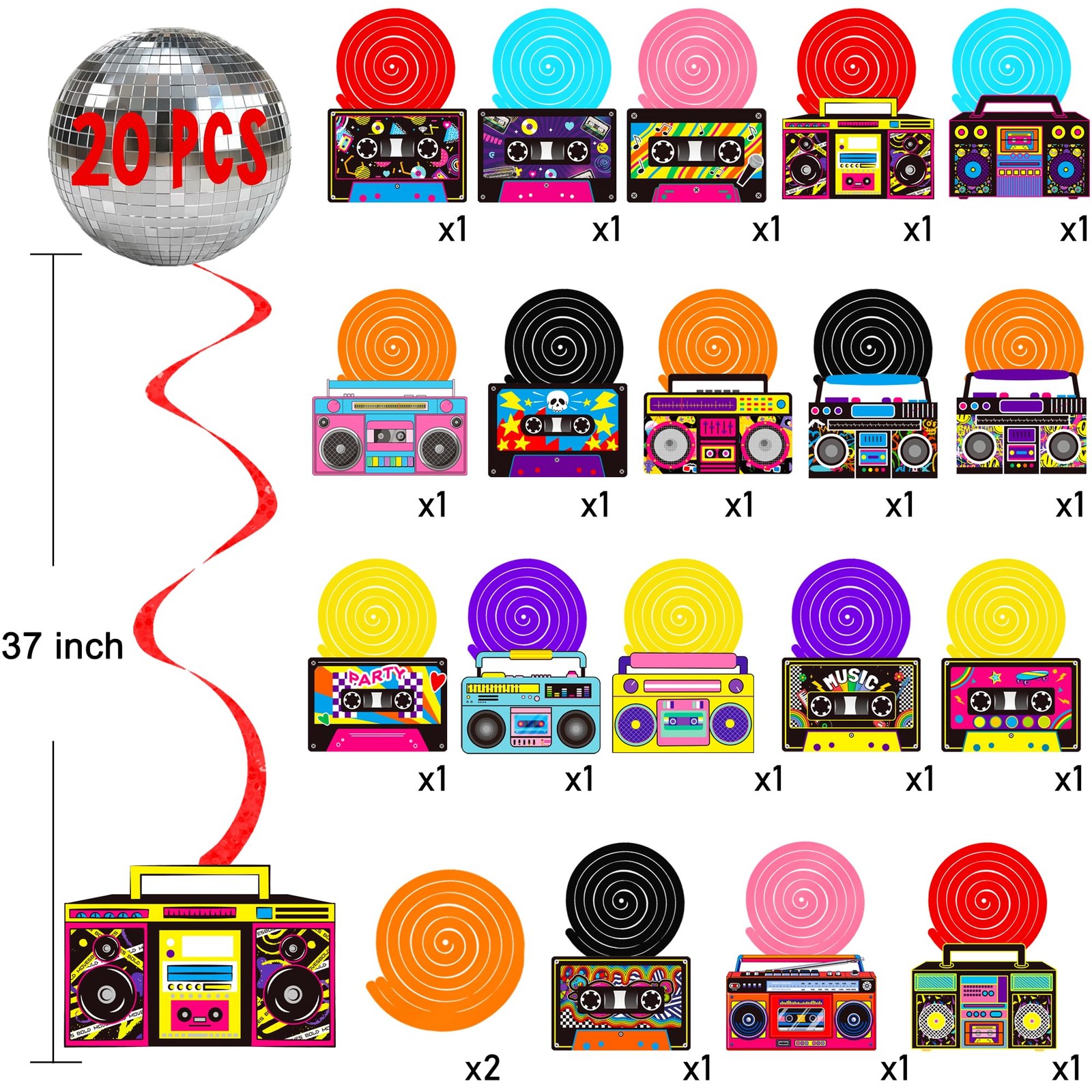 20 PCS Cassette Tape Boombox Hanging Swirls Retro Radio 80s 90s Party