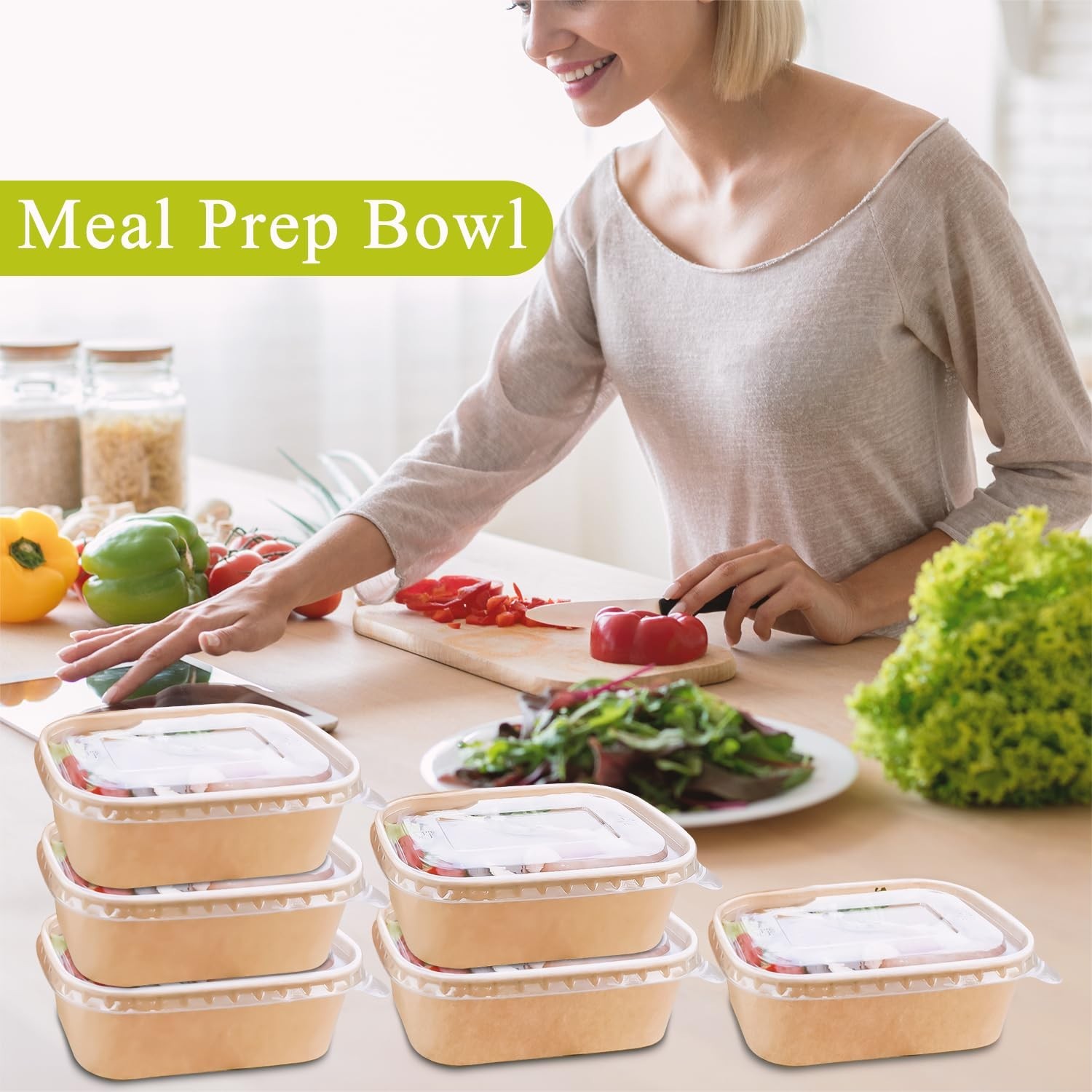 50 Disposable Paper Bowls with Lids – 35oz Meal Prep Containers, 50 Forks & 100