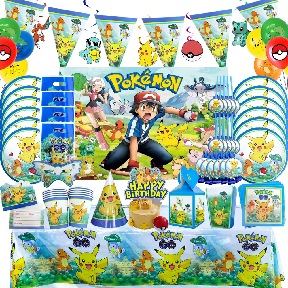 Pokemon birthday Party Supplies set Plates Cups and Table Cover with Banner