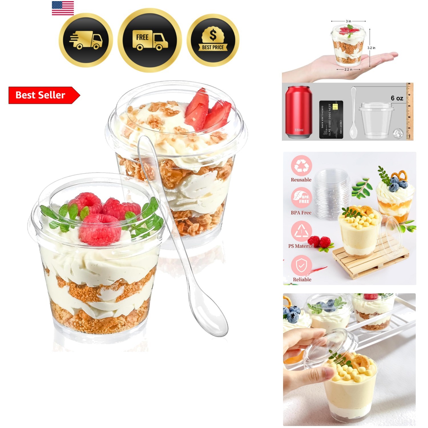 6 oz Mini Dessert Cups with Lids and Spoons 150 Pcs | Serves 50 | Small Plast…