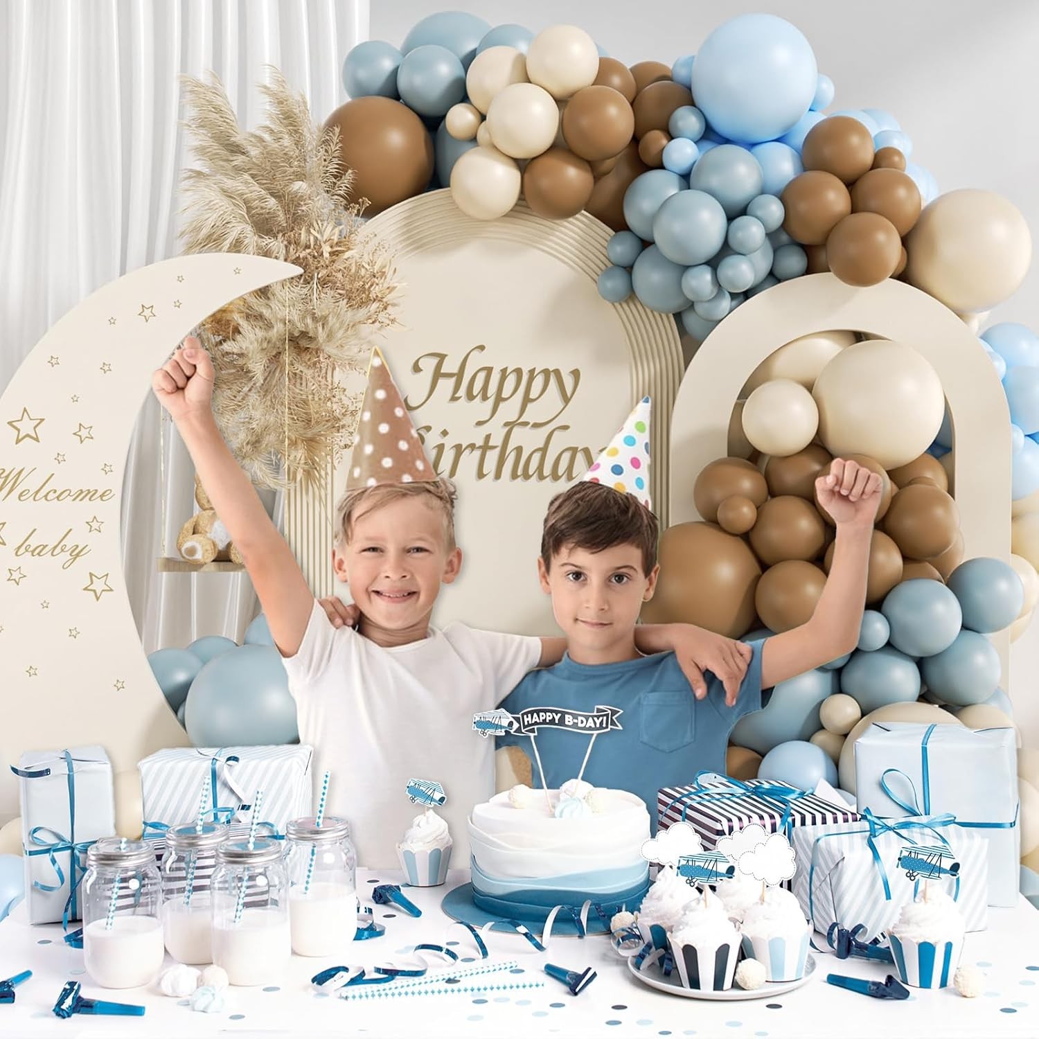 146Pcs Dusty Blue and Brown Balloon Arch Kit, Bear Baby Shower Decorations