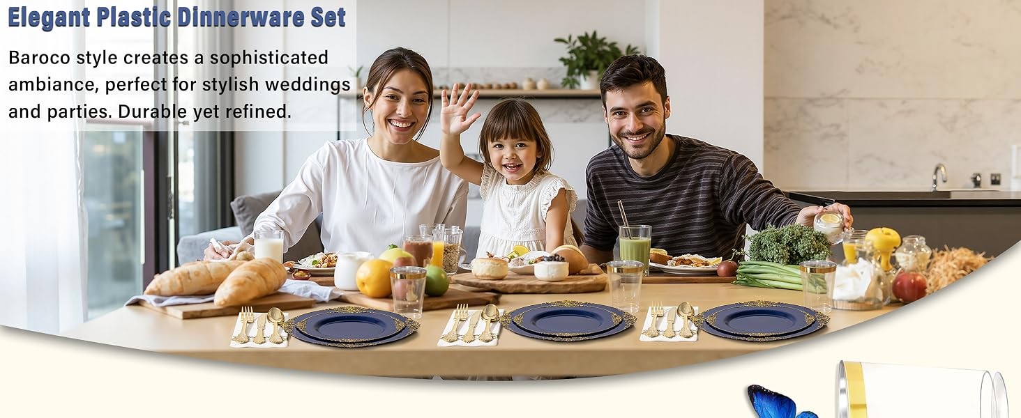 175PCS Blue Plastic Plates – Blue Gold Plastic Dinnerware Set Disposable Include