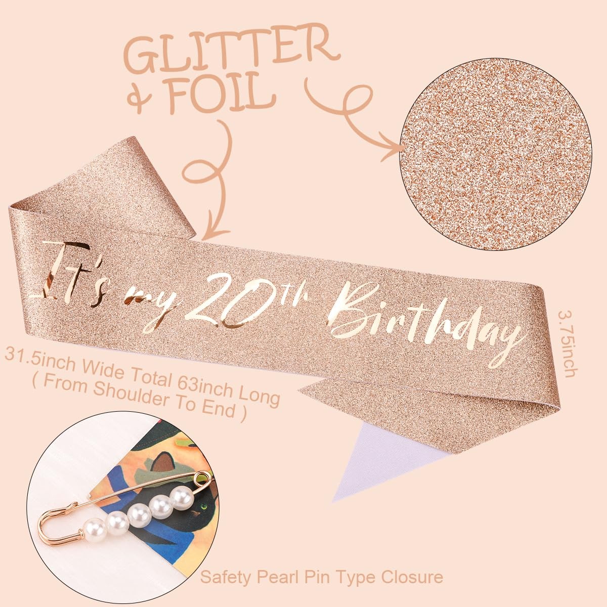 20th Birthday Rose Gold Sash and Tiara for Women Happy 20th Decorations Gift