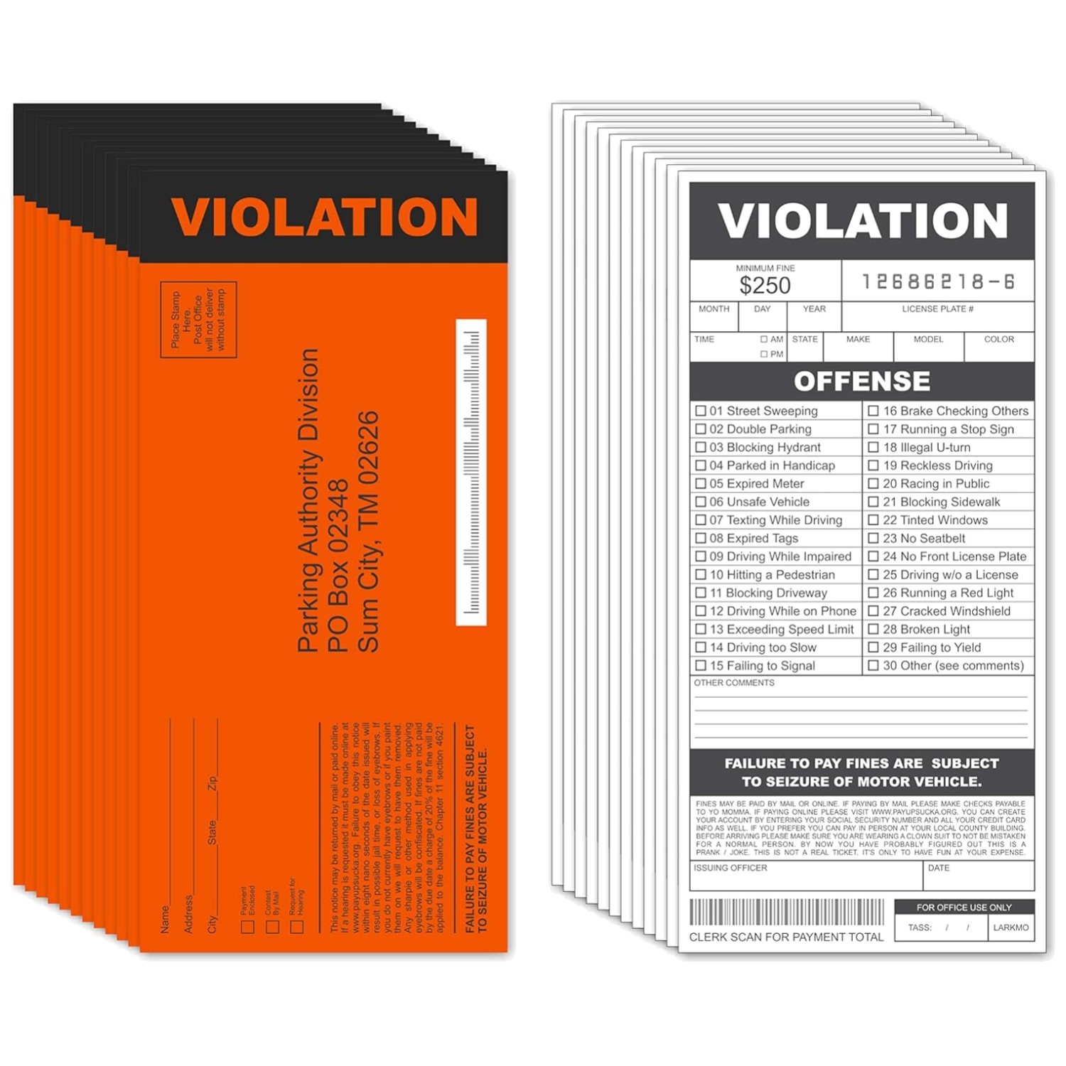 Realistic Fake Parking Citations – 25 Pack